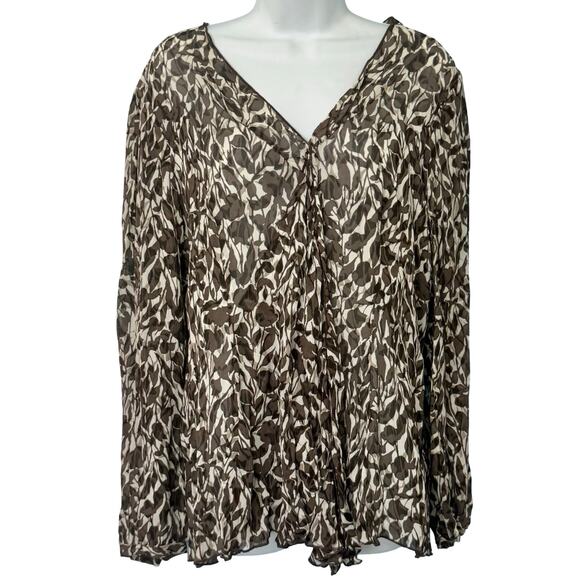 J. Jill Brown Cream Leaf Floral Lightweight Long Sleeve Blouse Top size L Earthy - Picture 1 of 10